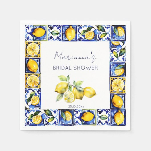 アマルフィポジターノブルータイルレモンブライダルシャワー スタンダードカクテルナプキン (正面)
