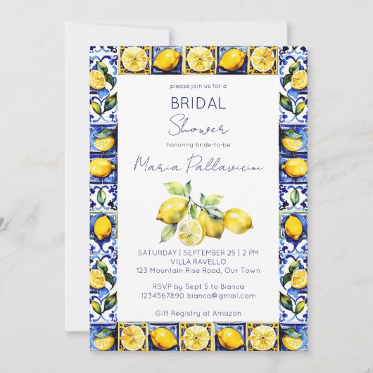 アマルフィポジターノブルータイルレモンブライダルシャワー 招待状 (正面)