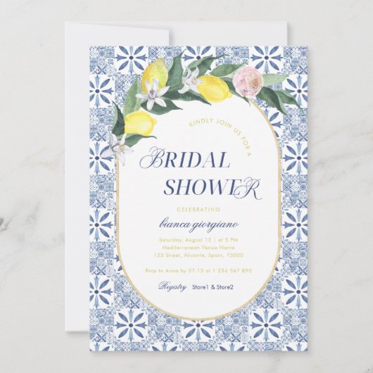アマルフィモダンコーストレモンブルータイルブライダルシャワー 招待状 (正面)