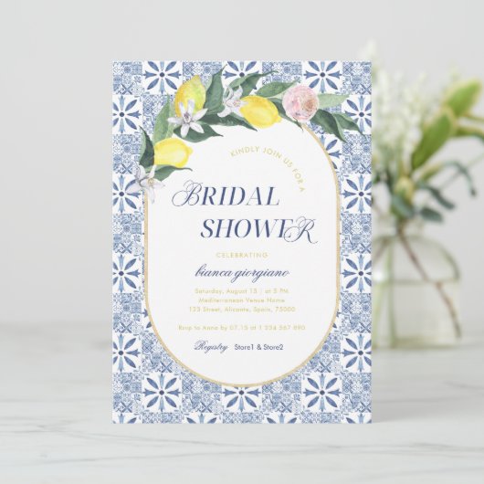 アマルフィモダンコーストレモンブルータイルブライダルシャワー 招待状 (スタンド正面)