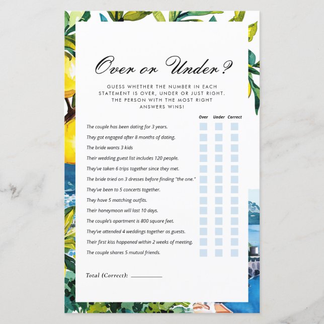 アマルフィレモンの上または下ブライダルシャワーゲーム (正面)