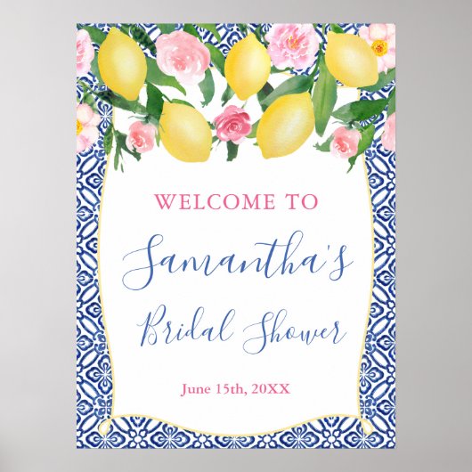 アマルフィレモンズピンクフローラブルータイルブライダルシャワー ポスター (正面)