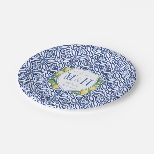 アマルフィレモン青と白のタイルの結婚式のパーティー ペーパープレート (アングル)