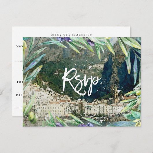 アマルフィー海岸、イタリア オリーブ ウェディング RSVP ポストカード (正面/裏面)