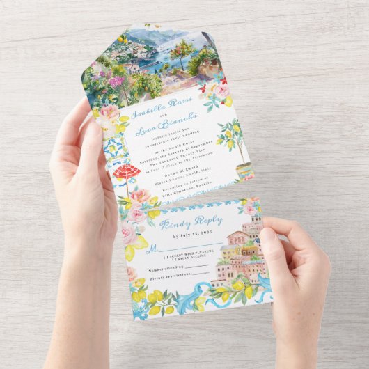 アマルフィ地中海のコーストイタリアン結婚ーズ オールインワン招待状 (貼ってはがせる)