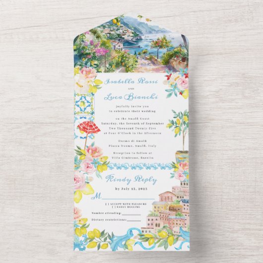 アマルフィ地中海のコーストイタリアン結婚ーズ オールインワン招待状 (内側)