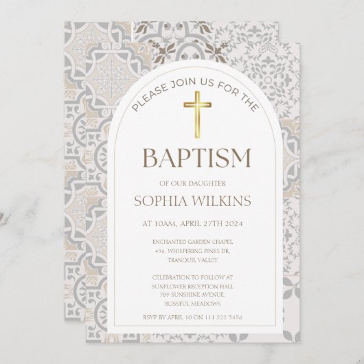 アマルフィ地中海のーイタリアンタイルのアーチ洗礼 招待状 (正面/裏面)