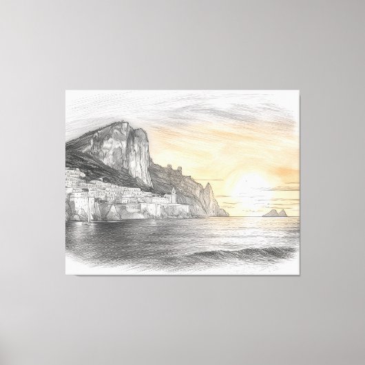 アマルフィ海岸の崖沿いの村の夕焼けの絵 キャンバスプリント (正面)
