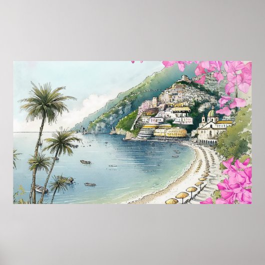 アマルフィ海岸の水彩画アートプリント ポスター (正面)