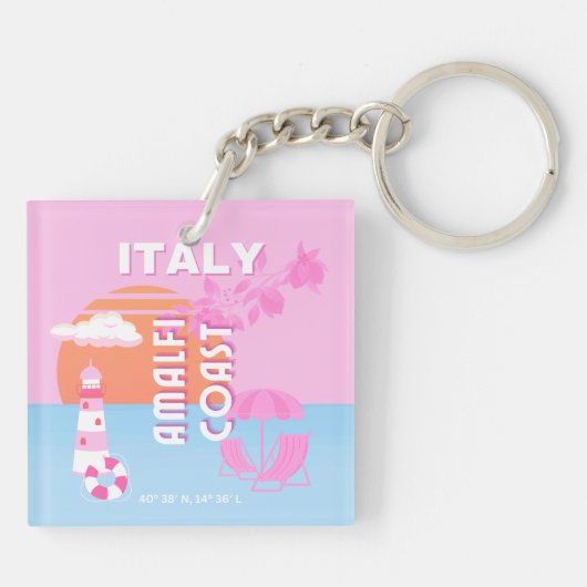 アマルフィ海岸旅行アート名門私立校風の、旅行、ピンク キーホルダー (裏面)