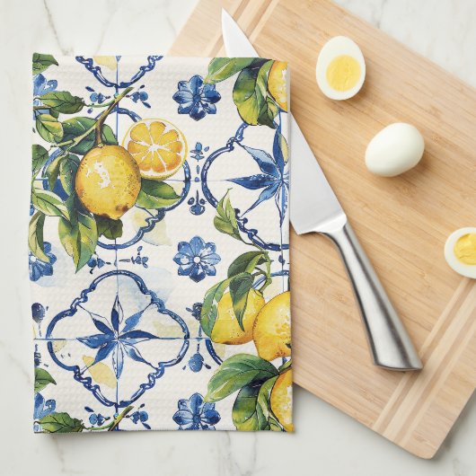 アマルフィ海岸沿いのレモンとタイルのパターン キッチンタオル (四つ折り)