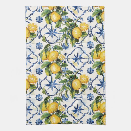 アマルフィ海岸沿いのレモンとタイルのパターン キッチンタオル (縦)