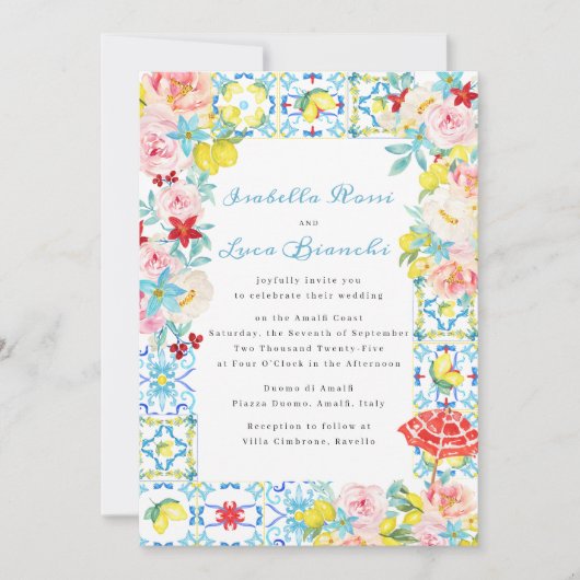 アマルフィ海岸青イタリアン色の結婚タイル 招待状 (正面)