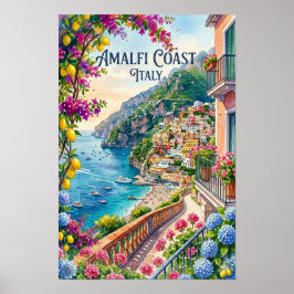 アマルフィ海岸 イタリア 水彩画 旅行 トロピカル ポスター