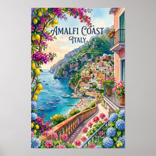 アマルフィ海岸 イタリア 水彩画 旅行 トロピカル ポスター (正面)