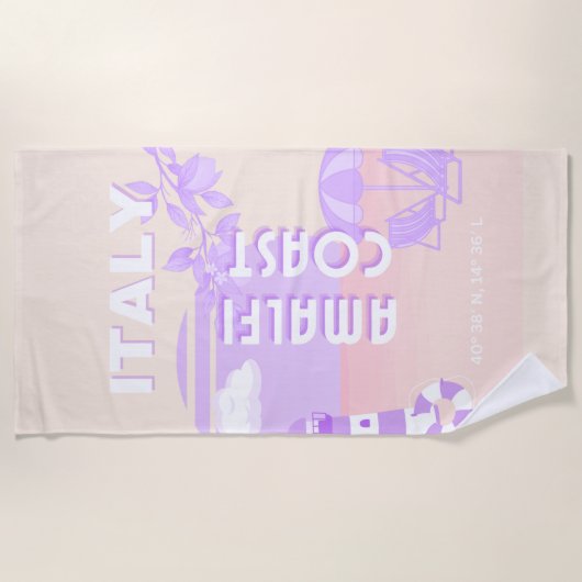 アマルフィ海岸、旅行アート、名門私立校風の旅行、パステル ビーチタオル (正面)