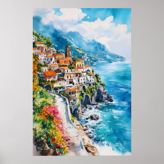 アマルフィ海岸 水彩画 復古的 旅行ポスター スキー ポスター (正面)