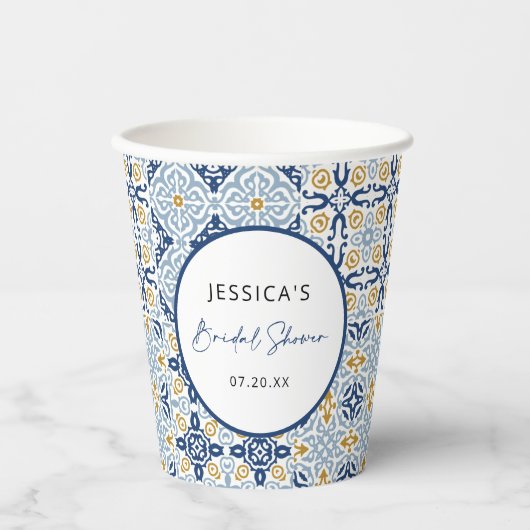 アマルフィ タイル ブルー イエロー ブライダルシャワー 紙コップ (正面)