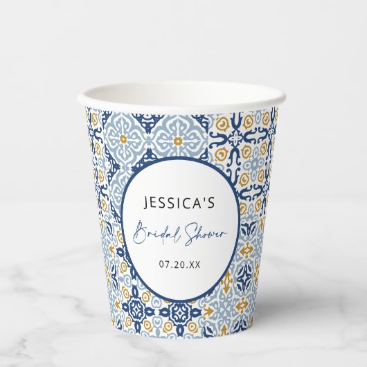 アマルフィ タイル ブルー イエロー ブライダル シャワー 紙コップ (正面)