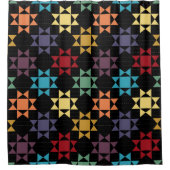 アミッシュキルトプリントブライトカラーオンブラックパターン(の模様が)ある シャワーカーテン (正面)