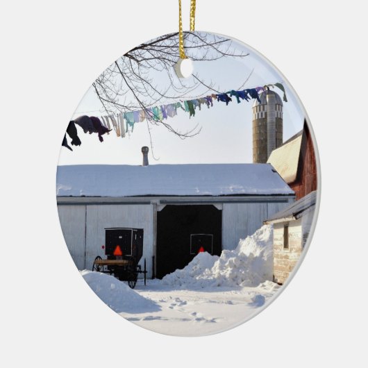 アミッシュスノーウィー納屋周囲の庭クリスマスオーナメント セラミックオーナメント (左)