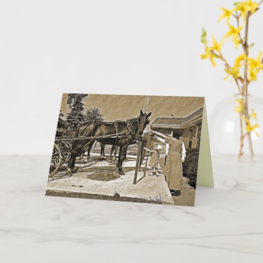 アミッシュ家族のペット馬グリーティングカード カード (黄色い花)