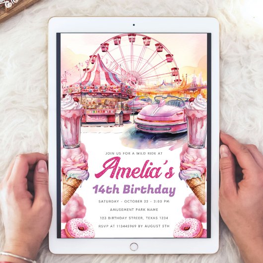 アミューズメントパークバースデーパーティーウォーターカラーカスタム 招待状