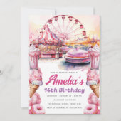 アミューズメントパークバースデーパーティーウォーターカラーカスタム 招待状 (正面)
