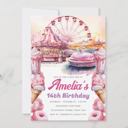 アミューズメントパークバースデーパーティーウォーターカラーカスタム 招待状 (正面)