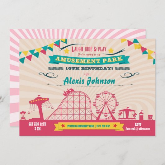アミューズメントパークファンフェアカーニバル誕生日招待状 招待状 (正面/裏面)
