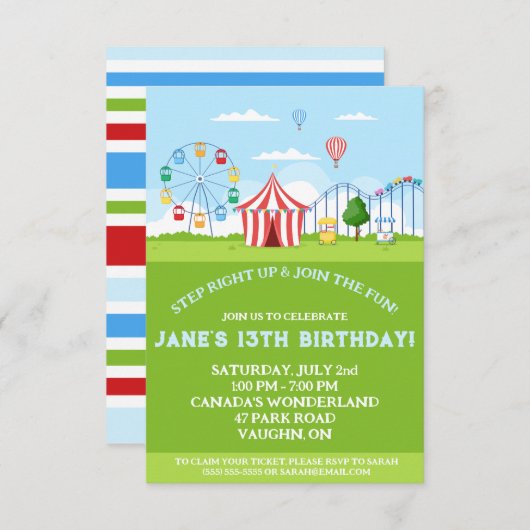 アミューズメントパーク誕生日パーティーの招待 招待状 (正面/裏面)
