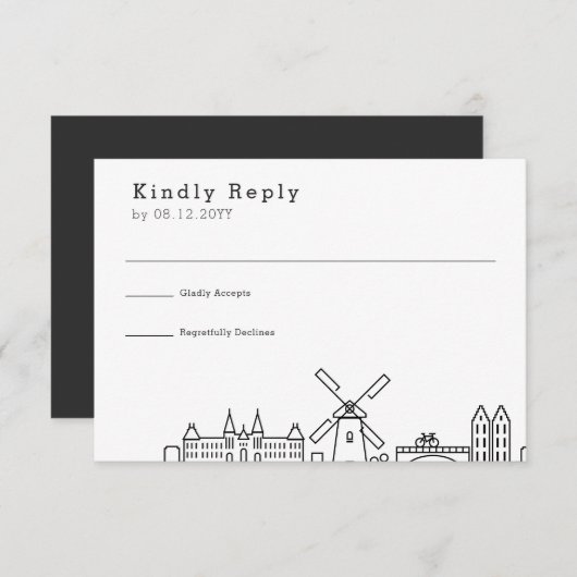 アムステルダムでの結婚式 | スタイライズされたスカイライン 返信ハガキ 出欠カード (正面/裏面)