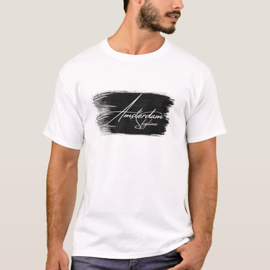 アムステルダムのスカイライン ライティング Tシャツ (正面)