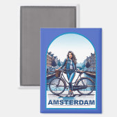 アムステルダムの女の子、自転車でブリッジ マグネット (正面/裏面)