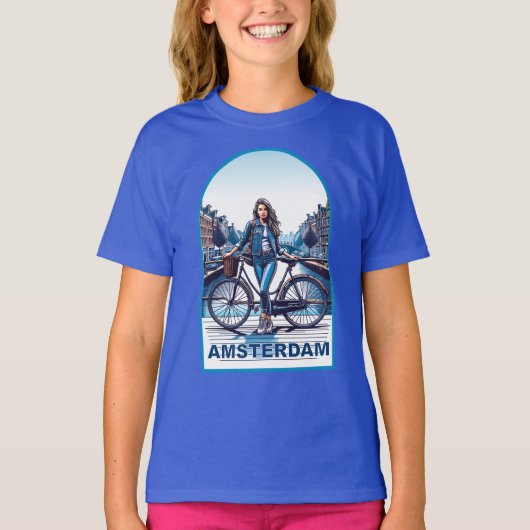 アムステルダムの女の子、自転車でブリッジ Tシャツ (正面)