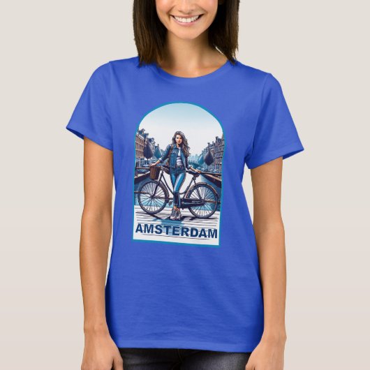 アムステルダムの女の子、自転車でブリッジ Tシャツ (正面)