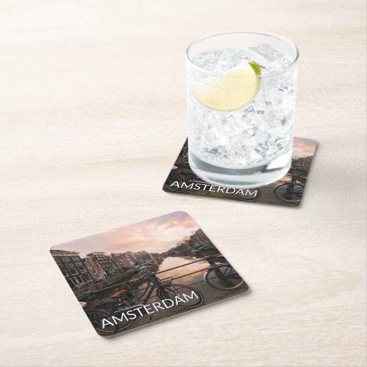 アムステルダムの日没の自転車 スクエアペーパーコースター (インサイチュ)