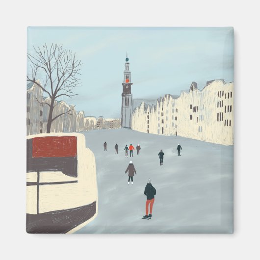 アムステルダムの氷のスケートで滑るは、冬の運河で マグネット (正面)