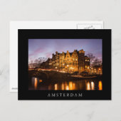 アムステルダムの運河の家々の夕暮れ黒はがき ポストカード (正面/裏面)