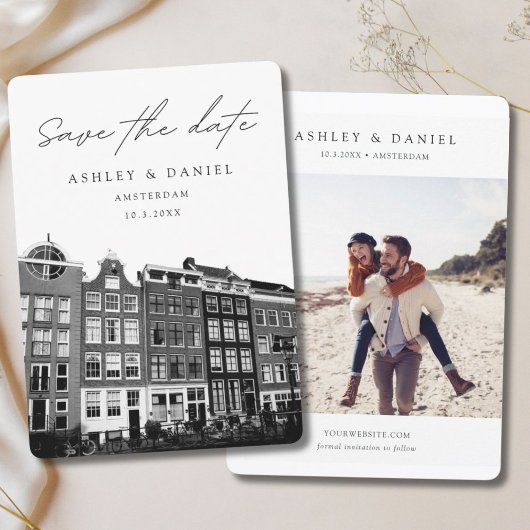 アムステルダムの運河の家の写真で保存する日付 招待状