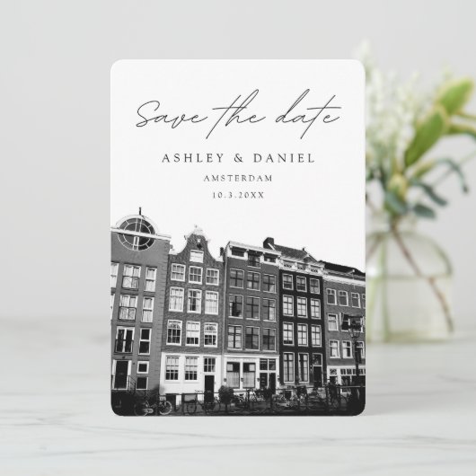 アムステルダムの運河の家の写真で保存する結婚式の日程 招待状 (スタンド正面)