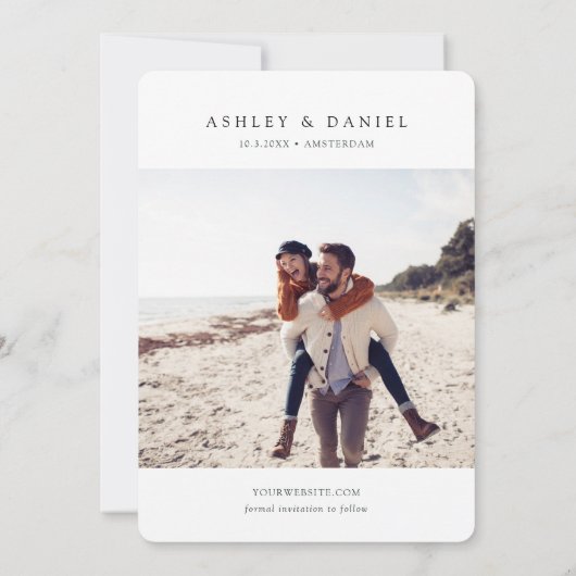 アムステルダムの運河の家の写真で保存する結婚式の日程 招待状 (裏面)