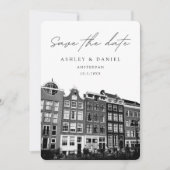 アムステルダムの運河の家の写真でSave the Date 招待状 (正面)