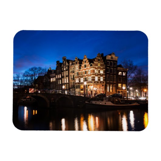 アムステルダムの運河の家の夜 マグネット (横)