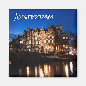 アムステルダムの運河の家は夜に文字 マグネット (正面)