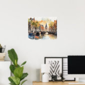 アムステルダムオランダウォーターカラーパノラマビュー ポスター (ホームオフィス)