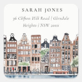 アムステルダムオランダカナルウォーターカラーランドスケープアドレス スクエアシール (正面)