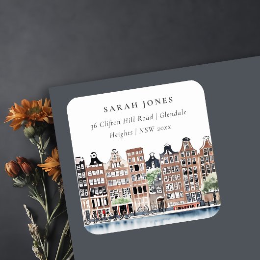 アムステルダムオランダカナルウォーターカラーランドスケープアドレス スクエアシール