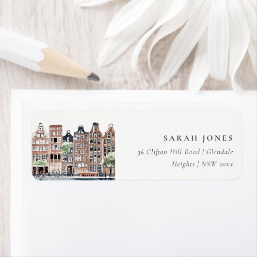 アムステルダムオランダカナルウォーターカラーランドスケープアドレス ラベル (インサイチュ)