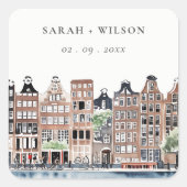 アムステルダムオランダカナルウォーターカラーランドスケー結婚ズ スクエアシール (正面)